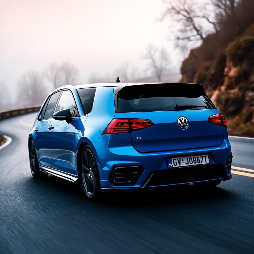 Blue Volkswagen Golf R on a winding road
